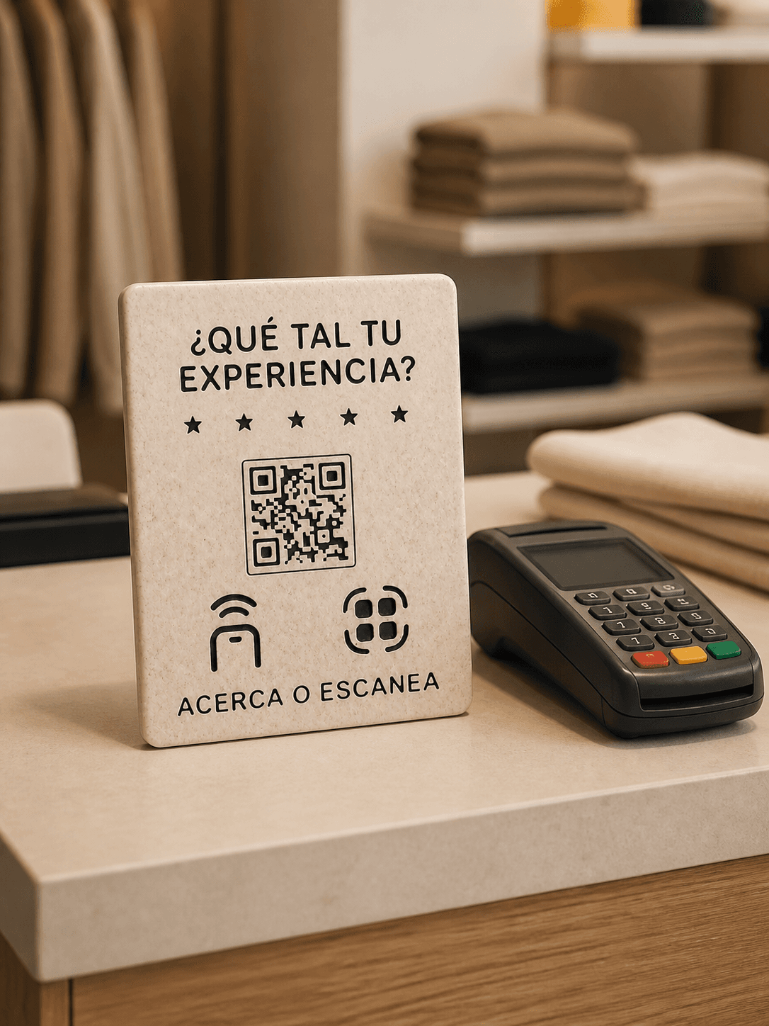 PIQTAP junto al terminal de pago de una tienda